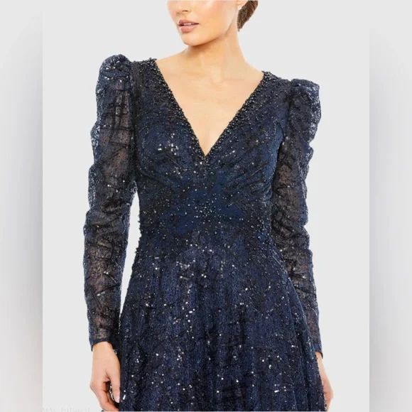 Mac Duggal Navy Embellished V Neck Long Sleeve A Line Gown